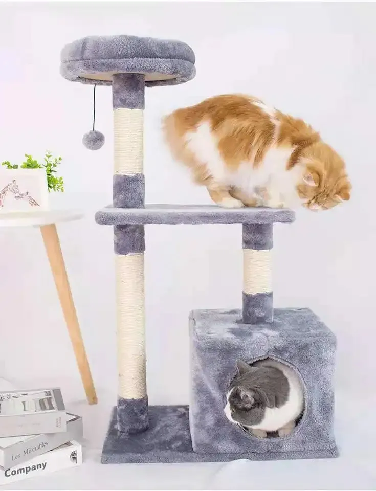 (88cm) Cat tree sisal scratching posts with house / play ball / viewing platform - gray